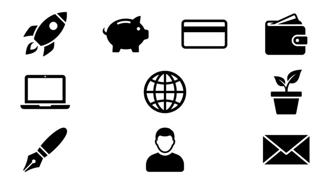Finance and Business Icons Set: Rocket, Piggy Bank, Credit Card, Wallet, Laptop, Globe, Plant, Pen, User, Envelope