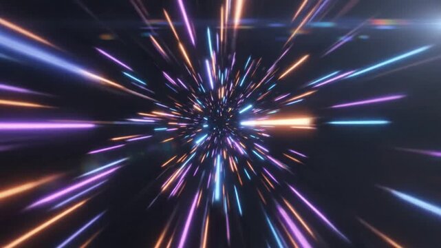 Abstract cosmic space tunnel with vibrant colorful starburst light streaks and travel through hyperspace in dark universe