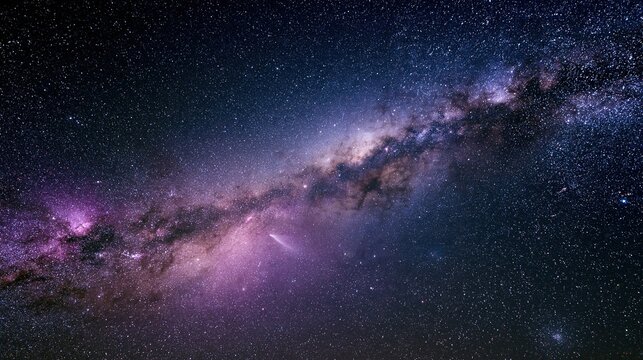 Dark night sky filled with bright milky way galaxy countless shining stars and soft purple nebula showing beautiful deep space astronomical landscape