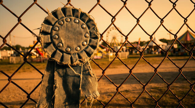 A weathered denim prize ribbon rosette hangs on a rusty wire fence at a county fair carnival during a golden hour sunset.