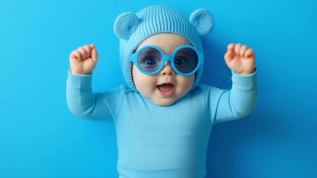 A baby dressed in blue clothing and large glasses lays on a solid blue surface showing a surprised look