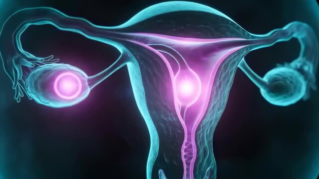 In animation glowing left follicle releasing oocyte via fallopian tube into uterus for implantation