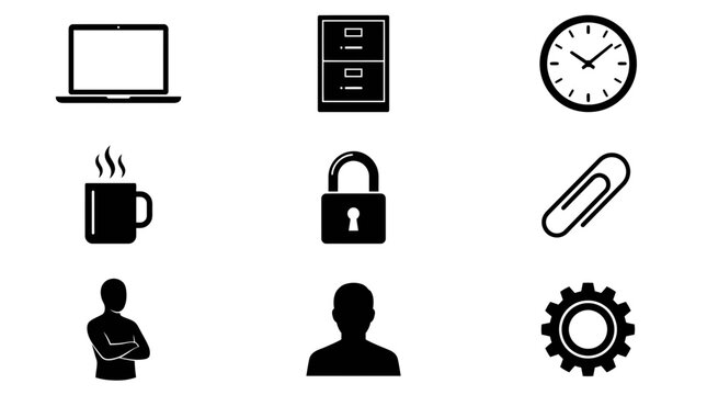 Office Icons Set: Laptop, Coffee, Clock, Lock, File Cabinet, Gear, Person