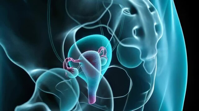 Animating translucent pelvic bones rotating on dark gradient, revealing uterus and fallopian tubes