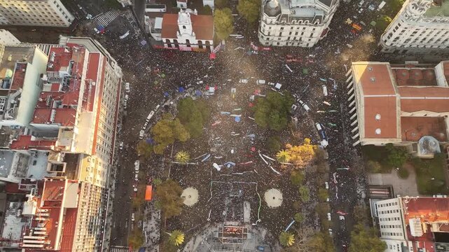 Plaza de Mayo, Buenos Aires, Argentina &mdash; University protest, large demonstration supporting public education. Top down view. Approaching. 4K60 frames per second. 2026-05-MAY-12