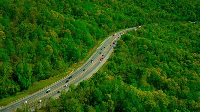 Red flatbed semi-truck moving along a curving two-lane highway surrounded by dense spring forest in the Appalachian
foothills of North Carolina.