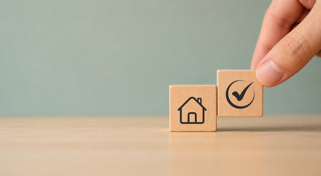 Home loan approval, property investment success. Wooden block with house, check mark icons. Approved mortgage steps, property investment progress, financial security, successful real estate decisions.
