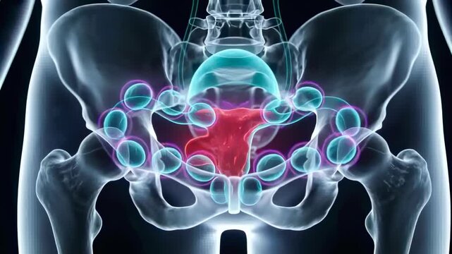 Animating female pelvis starting with bones in studio, uterus shifting dome rising nodules forming