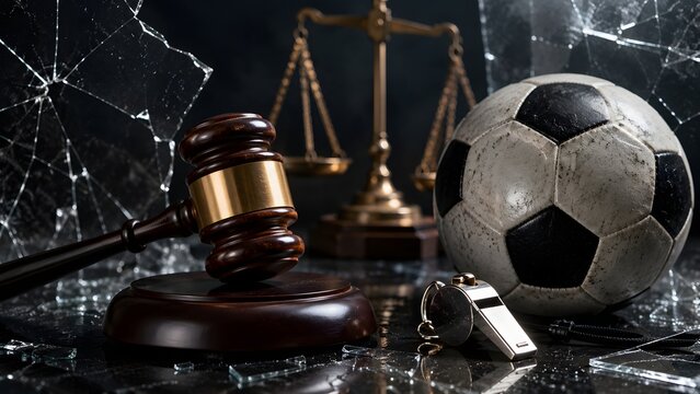 Sports law concept with judge gavel justice scales soccer ball and whistle representing legal regulation fair play ethics and football dispute