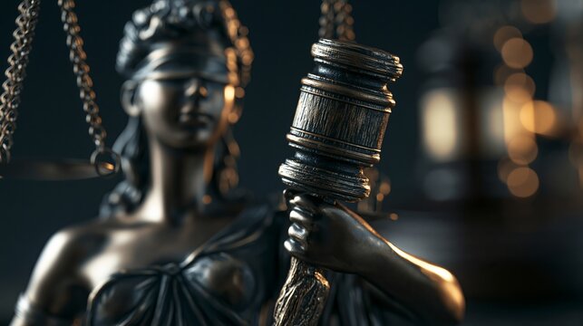 Statue of Themis, symbolizing justice and fairness, holds a judge's mallet, with a gavel blurred behind it.