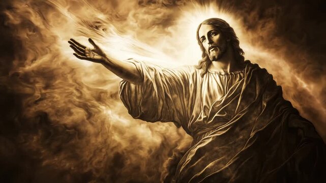 Religious figure extends hand in golden light against clouds in an artistic portrayal