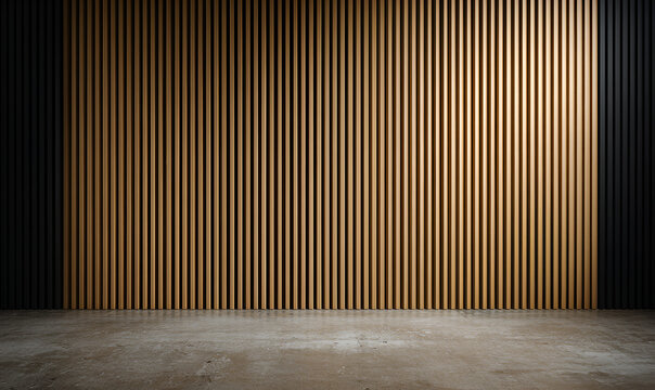 An empty room with vertical wooden slats on the back wall, framed by black panels, and a concrete floor