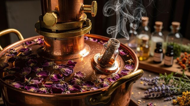 Close-up of a rustic copper pot with intricate details, showcasing a distillation process with delicate rose petals and wisps of fragrant steam rising, against a soft, dark background with blurred bot