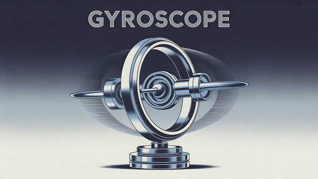 A gyroscope spins on a base indoors with technology elements.