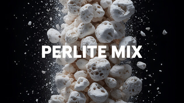 A pile of white perlite mix explodes upwards on a black background