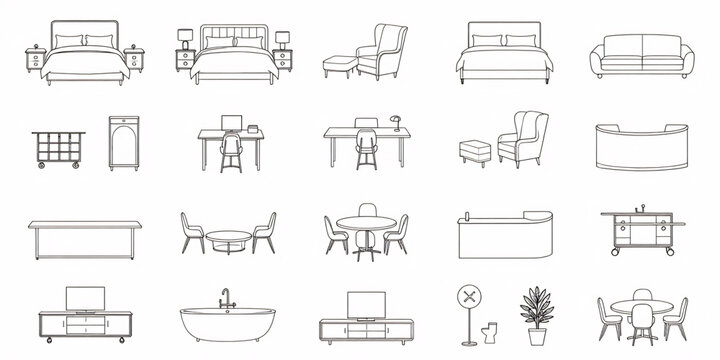hotel suite furniture CAD block set &mdash; king beds, nightstands, lounge chairs, sofas, writing desks, luggage rack, minibar, reception desk, dining tables with chairs, bathtub, TV credenza, floor lamp,