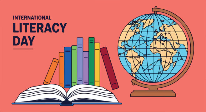 Celebrating International Literacy Day with colorful books, a globe, and educational symbols promoting reading