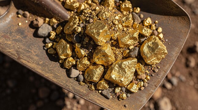A close-up view of raw, unrefined metal nuggets gleaming brightly on a weathered metal shovel, surrounded by various small rocks and soil under natural light, symbolizing wealth and prospecting