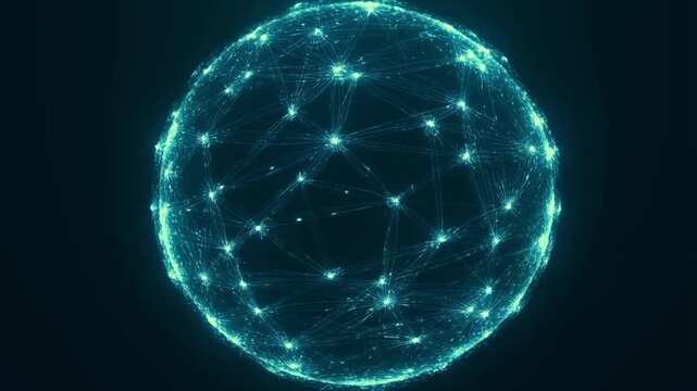 Abstract Network Sphere: A glowing, abstract sphere composed of interconnected nodes and lines, representing a complex network or data structure, glowing in a deep blue hue against a dark background.