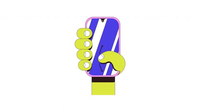 Phone scrolling thumb gesture in vertical mode neubrutalism user interaction animation. Swiping screen. Animated mobile UI UX explainer. Smartphone guidance 4K video. Tutorial 2D motion graphic