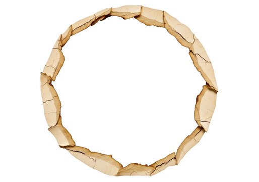 Circular frame made of cracked beige clay or dry mud isolated on transparent background