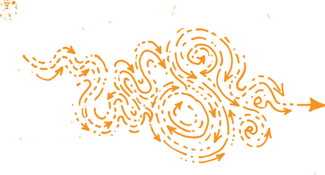 Chaos to clarity orange complex tangled arrow path simplification concept on white background