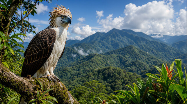 Philippine eagle perched on branch with rainforest mountains behind