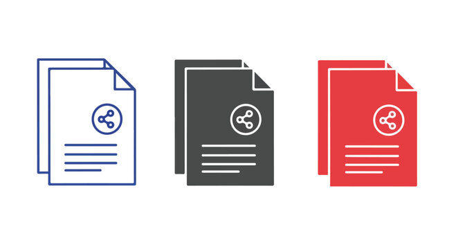 Set of three colorful documents in blue, black, and red with icons representing files and reports on a white background
