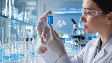 Fototapeta premium woman scientist holding vial with blue liquid vaccine. Researcher working in laboratory with chemical sample. Medical development, pharmaceutical innovation and biotech research concept