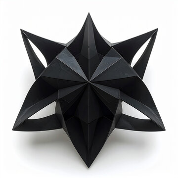 Black abstract origami star sculpture on white background