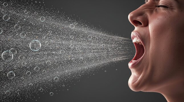 Dynamic close-up capture of a person's open mouth and expelled spray, illustrating airborne particles and respiratory spread against a dark, contrasting background, conveying urgency and health awaren
