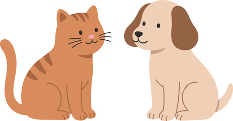 Cute Flat Style Orange Tabby Cat and Beige Puppy Dog Sitting Together Facing Each Other Adorable Pet Friendship Illustration © Mst RAFIYA