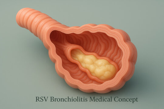 Medical illustration showing bronchiolitis pathology. bronchiole interior with severe inflammation and mucus buildup from RSV respiratory virus infection causing airway blockage