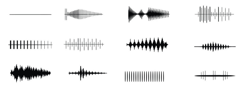 Waveform signal illustration set, sleek audio pulse icons with clean monochrome vector styling and dynamic sound patterns, suitable for media applications, podcasts, and digital graphics.