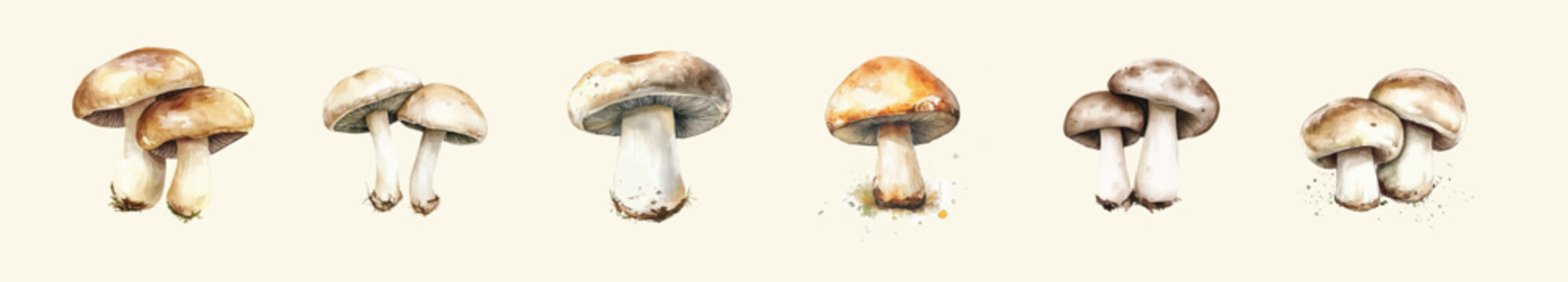 Design of a beautiful mushroom plant set painting. Hand-painted style, vectorized, vector set available in EPS Simple Hand-painted watercolor style. Hand-painted watercolor style, vectorized