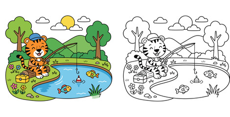 Fototapeta premium Cute Cartoon Tiger Fishing by a Pond - Relaxing Outdoor Animal Activity