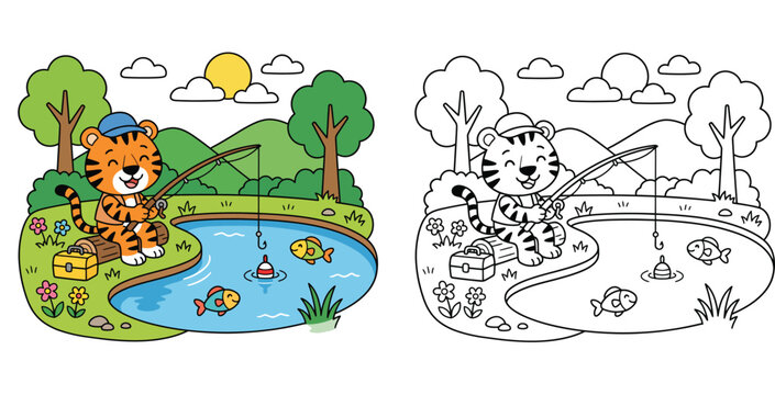 Cute Cartoon Tiger Fishing by a Pond - Relaxing Outdoor Animal Activity