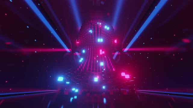 Artificial Intelligence 3d animation with glowing 3D human head made of voxels. Seamless loop of digital mind visualization with purple and orange lights, data particles and futuristic glitch effects