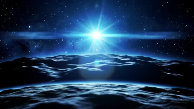 Awe-inspiring abstract cosmic sunrise video: A cerulean blue light emerges from an obsidian alien surface, radiating vibrant anamorphic flares, evoking grand scale.