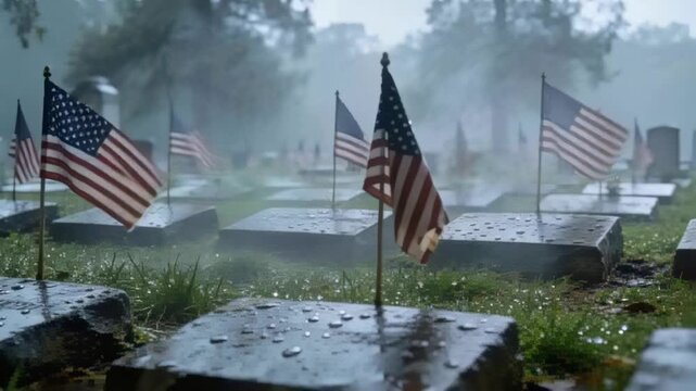 Showing foreground grave marker glistening from rain at cemetery, with small American flags