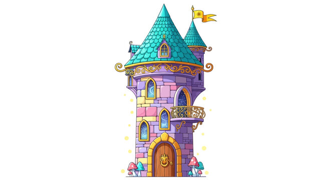 Colorful cartoon castle illustration isolated on white background copy space