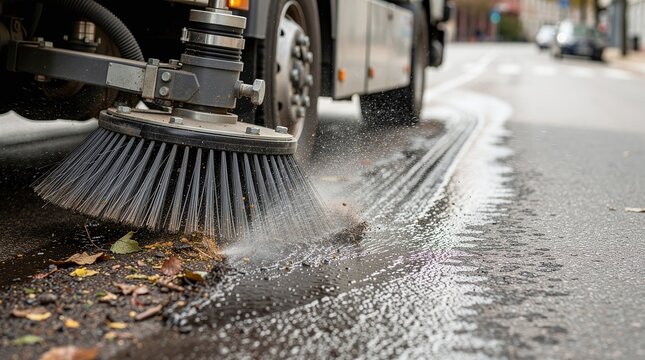 Road sweeper brush actively cleans a city street, removing debris and leaves with water spray, ensuring urban cleanliness and maintenance on a typical day, close-up perspective