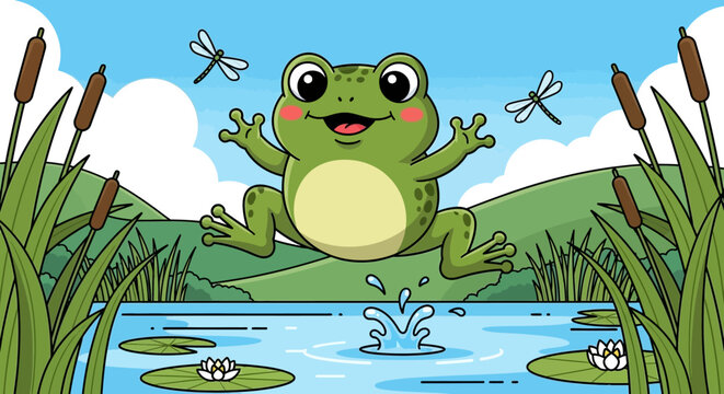Cartoon frog leaping over water with dragonflies in a serene outdoor scene
