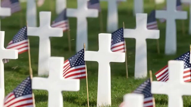 Camera shifting focus, breeze moving central white cross at cemetery with US flag fluttering