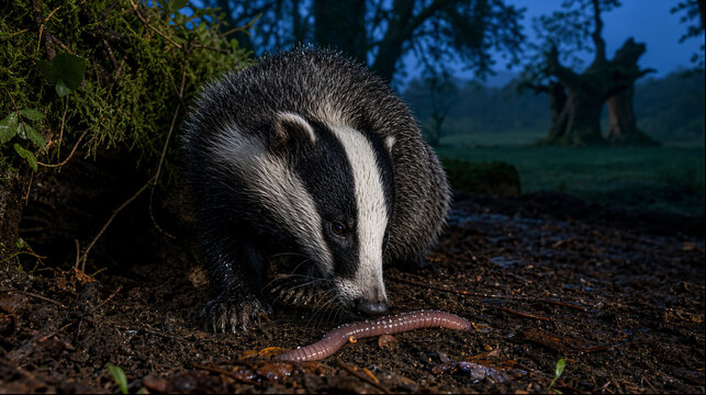 European badger eating earthworm in night forest