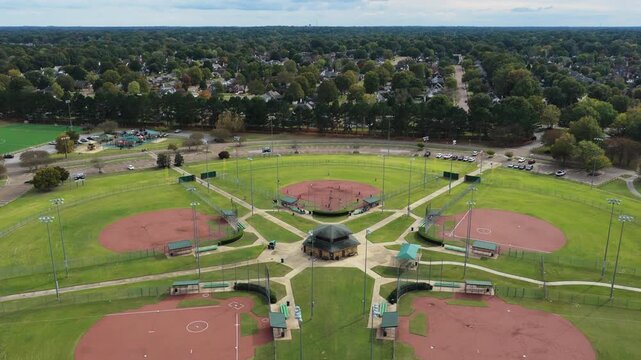 W.C. Johnson Park Baseball-Softball Complex In Collierville, Tennessee, United States. Aerial Pullback Shot