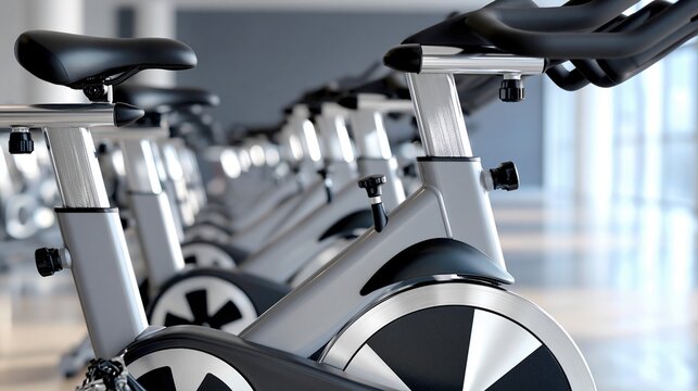 Rows of gym exercise bikes in modern fitness studio