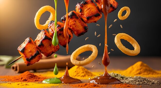 Delicious chicken skewers with savory sauce and spices in a dynamic food photography composition