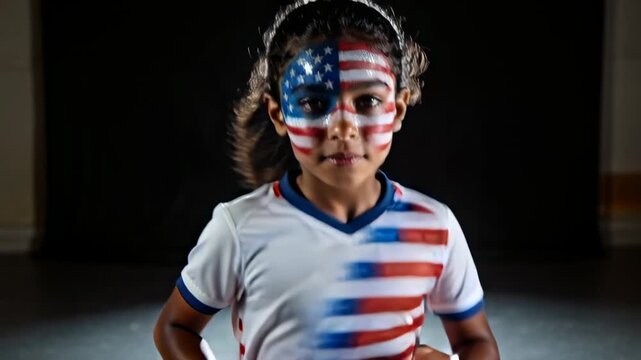 Lowering, preteen girl pumping arms, running to camera, competing in studio, flag facepaint jersey