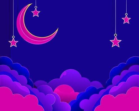 crescent moon and stars with pink clouds vector illustration
